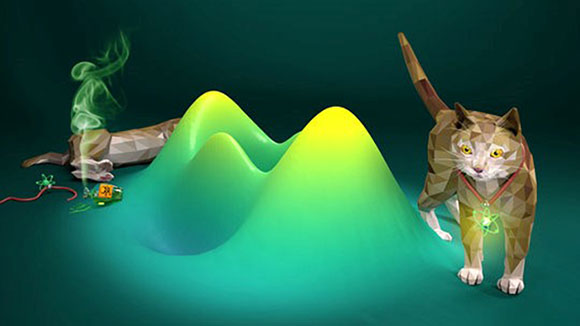 © Christoph Hohmann, Nanosystems Initiative Munich (NIM) Grafik: Illustration einer Katze, die mit einem Atom verschränkt ist.