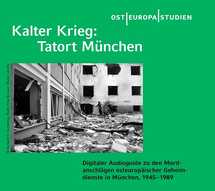 The poster for the presentation of the audio guide, with a photo of the bomb attack on Radio Free Europe in 1981.