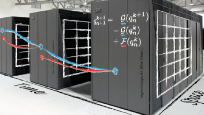 © https://parallel-in-time.org/ Skizze grober und feiner Zeitschritte über dem Bild eines Supercomputers.
