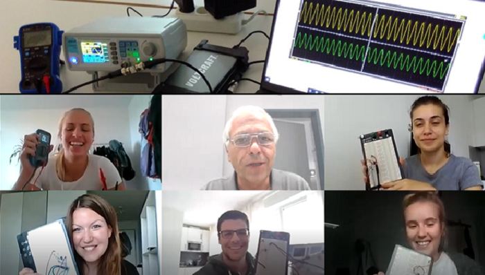 Screenshot einer online Videokonferenz mit sechs Teilnehmern und ein Bild eines elektronischen Ver-suchsaufbaues. 