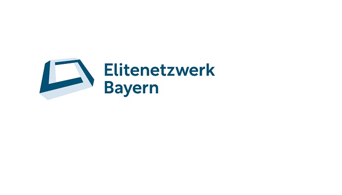 A per&shy;spec&shy;tively in&shy;clined rhombus of a light blue and a dark blue line, next to the letter&shy;ing "Elitenetzwerk Bayern"".