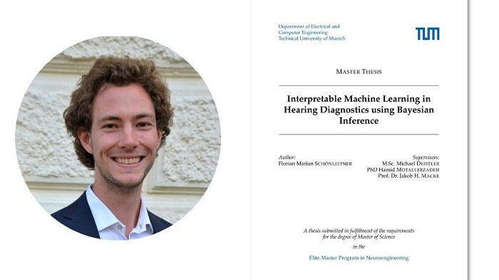 A portrait picture of Florian Schönleitner, next to the cover page of his Master’s Thesis