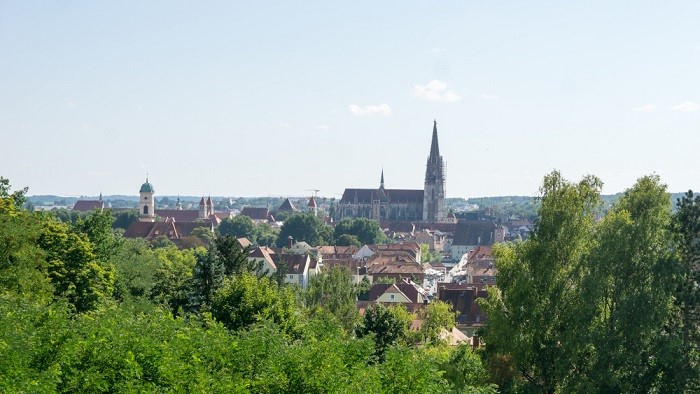 Stadtbild von Regensburg aus einer erhöhten Position; man sieht zentral den Dom, darum Häuser und im Vordergrund viele Bäume.