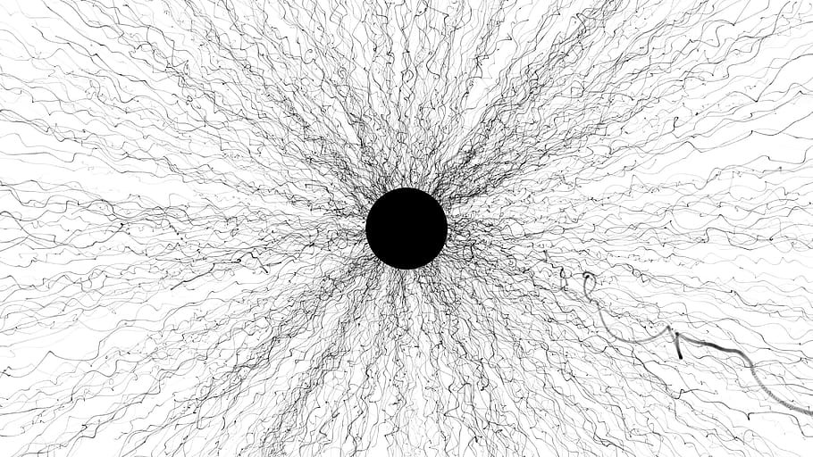 Die Darstellung zeigt, eine schwarze Kreisscheibe, aus der eine große Zahl von schwarzen, verwirbelten Linien kommen.
