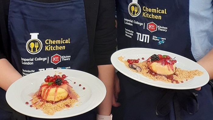 Two plates with small Cheese cakes, decorated with berries. The plates are hold by two people with blue aprons. 