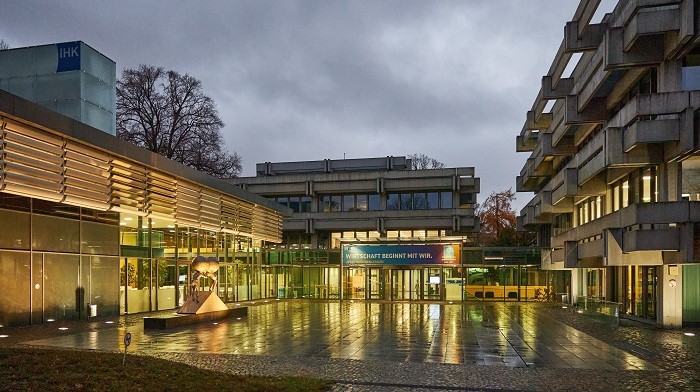 A large, illuminated building