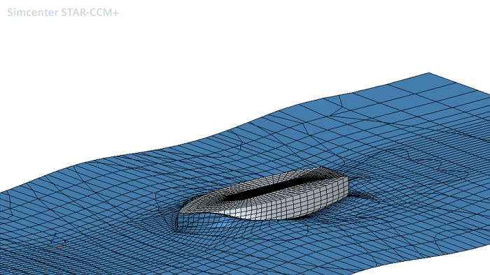 The picture shows the discretisation of the boat and the fluid in the form of a grid.