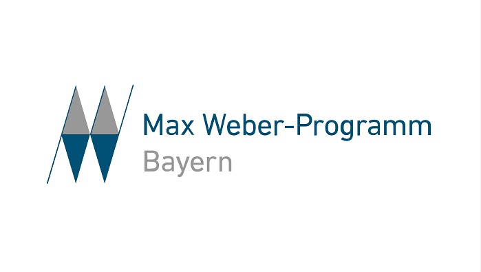 Zwei nebeneinander positionierte Rauten, die je zur Hälfte grau und dunkelblau gefüllt sind, neben dem Schriftzug „Max Weber-Programm“. 
