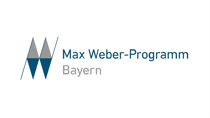 Two lozenges positioned next to each other, half filled with gray and half filled with dark blue, next to the lettering "Max Weber Program".