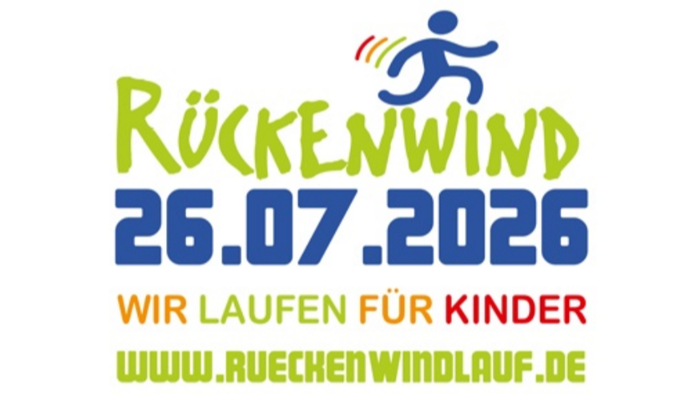 Das Logo des Rückenwindlaufs mit Datum und dem Motto "Wir laufen für Kinder".