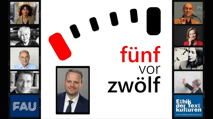 Collage bisheriger Podcast-Gäste vor dem Logo „Fünf vor zwölf“