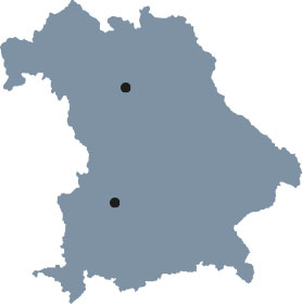 The map of Bavaria shows Augsburg and Erlangen, the places of study of the Elite Graduate Program “Ethics of Textual Cultures”.