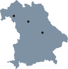 Die Bayernkarte zeigt die Studienorte des Doktorandenkollegs „Receptor Dynamics“ Würzburg, Erlangen-Nürnberg und Regensburg an.