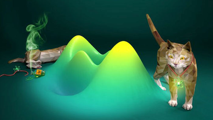© Christoph Hohmann, Nanosystems Initiative Munich (NIM) Grafik: Illustration einer Katze, die mit einem Atom verschränkt ist.